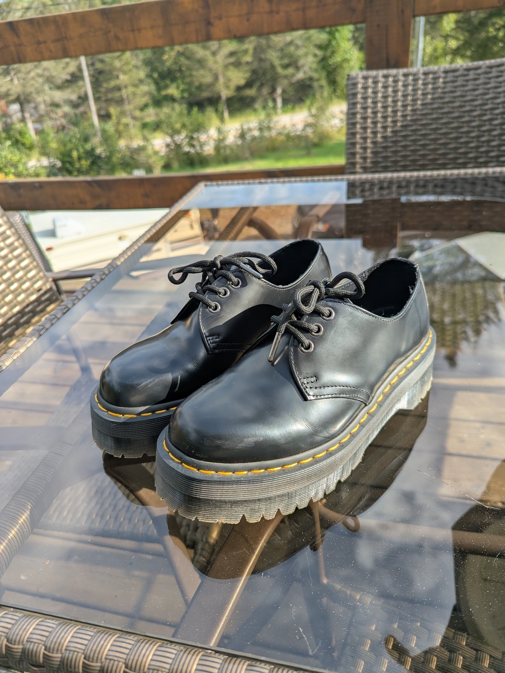Dr. Martens Black Platform Lace-Up Women’s Shoes with Yellow Stitching